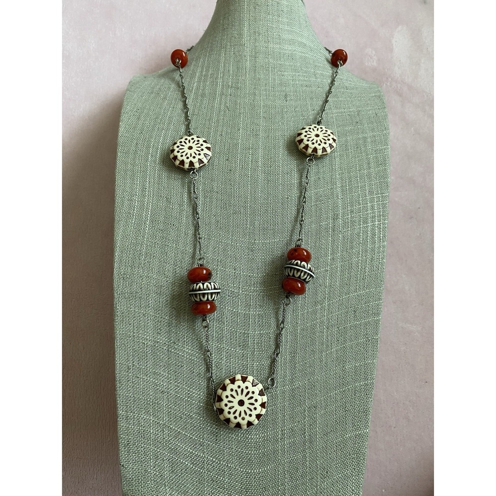 Faux Carved Bovine Bone Necklace Carnelian Beads Boho Ethnic Statement Vintage